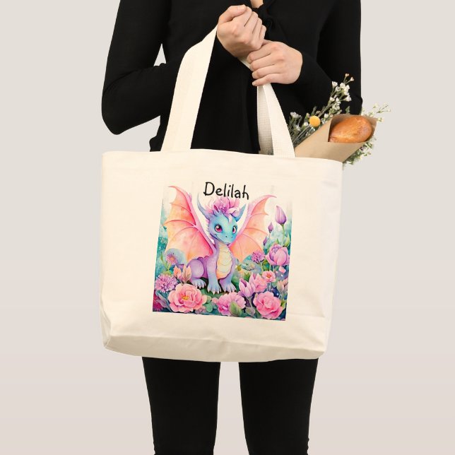 Bolsa Tote Grande Adicione nome - Bebê Dragon Wings & Flowers (Frente (produto))