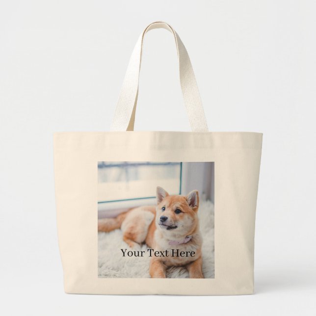 Bolsa Tote Grande Adicione sua foto e texto personalizado em 2 lados (Frente)