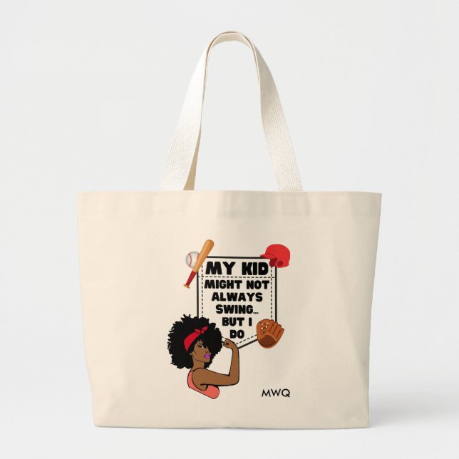 Bolsa Tote Grande Afro Baseball Mãe, meu filho pode nem sempre tocar (Frente)