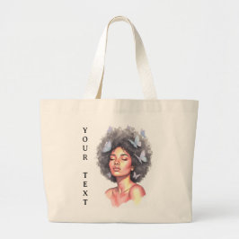 Bolsa Tote Grande Afro Beauty with Butterflies – Watercolor Portrait