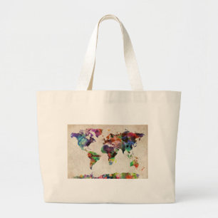 Bolsa Tote Grande Aguarela urbana do mapa do mundo