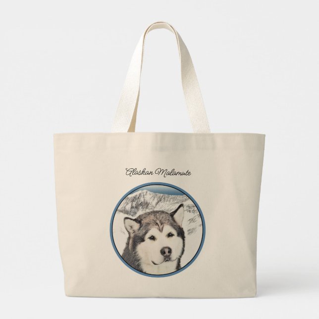 Bolsa Tote Grande Alaskan Malamute pintura Mal Mally Sled Dog Art (Verso)