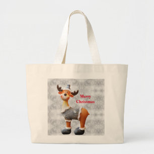 Bolsa Tote Grande Alce de Natal alegre usando um chapéu