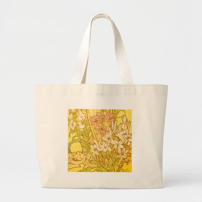 Bolsa Tote Grande Alfonse Mucha Art Nouveau Lily Flores (Frente)