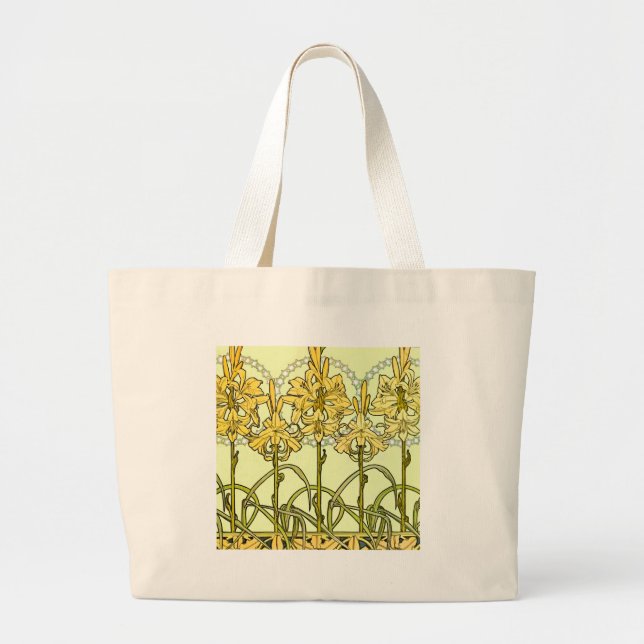 Bolsa Tote Grande Alfonse Mucha Art Nouveau Lily Padrão Floral (Frente)