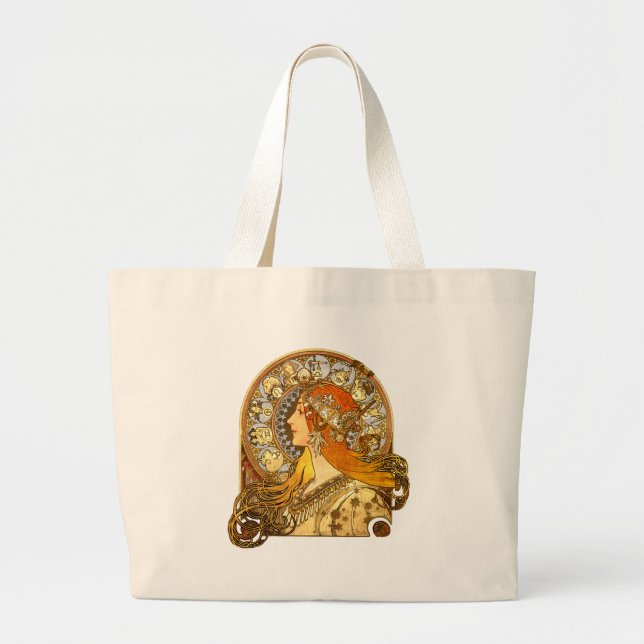 Bolsa Tote Grande Alfonse Mucha Zodiac Art Nouveau Mulher (Frente)