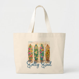 Bolsa Tote Grande Alma Salgada Floral Tropical Tábuas de Surf Praia