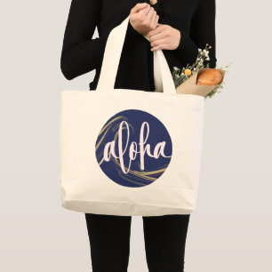 Bolsa Tote Grande Aloha Tote Bag Dark Azul Dourado com o tema do oce
