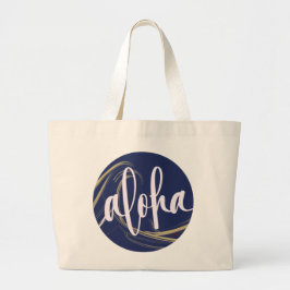 Bolsa Tote Grande Aloha Tote Bag Dark Azul Dourado com o tema do oce