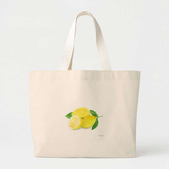 Bolsa Tote Grande Amarelo Limão Citrus fruta Watercolor Verão (Frente)