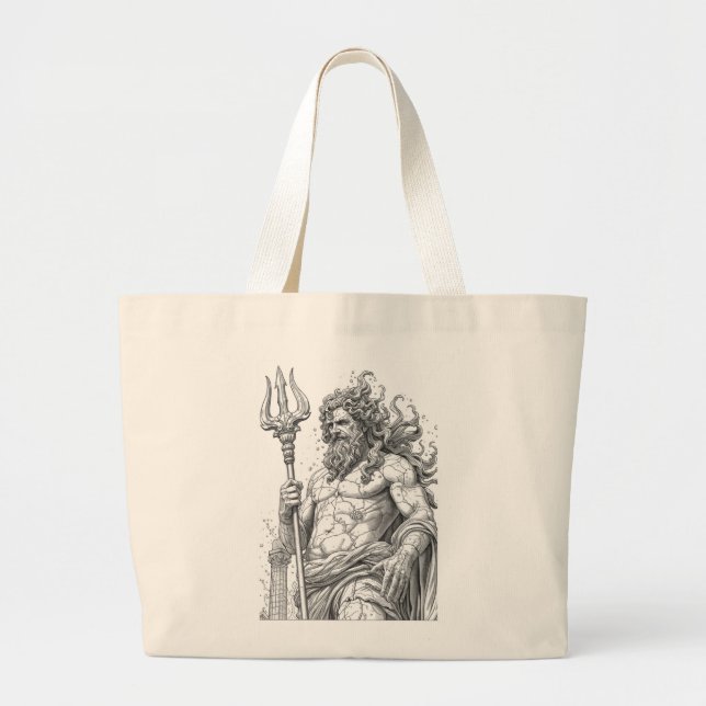 Bolsa Tote Grande Ancient Greek Poseidon Stone Statue Graphic (Frente)