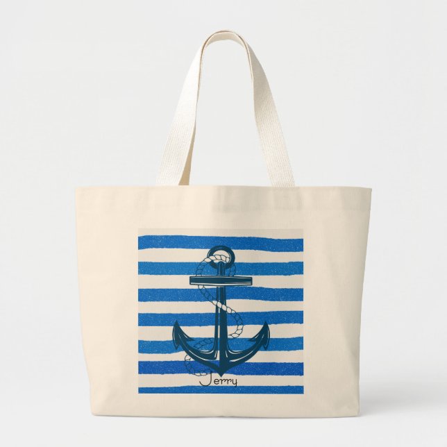 Bolsa Tote Grande Âncora Azul Náutico com Strike (Frente)