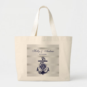 Bolsa Tote Grande Âncora Azul Prata Branco Marinho Círculo Monograma