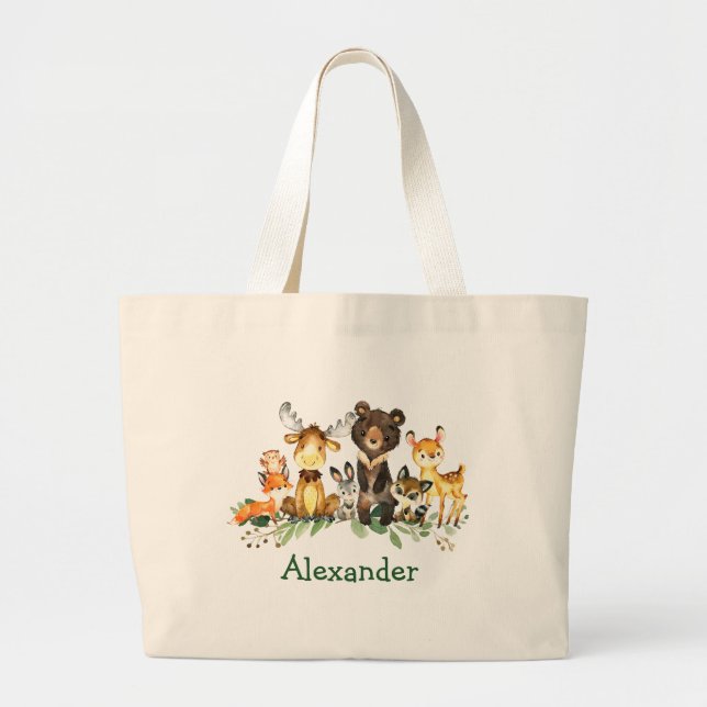 Bolsa Tote Grande Animais da Floresta Florestal de Aquarela (Frente)