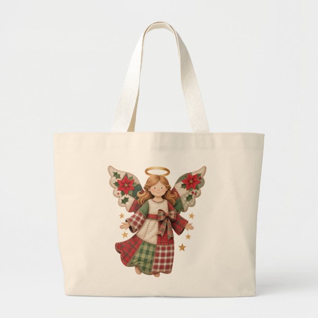 Bolsa Tote Grande Anjo de Natal com Estrelas Douradas (Frente)