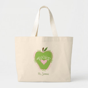Bolsa Tote Grande Apple cor-de-rosa e verde do professor de jardim