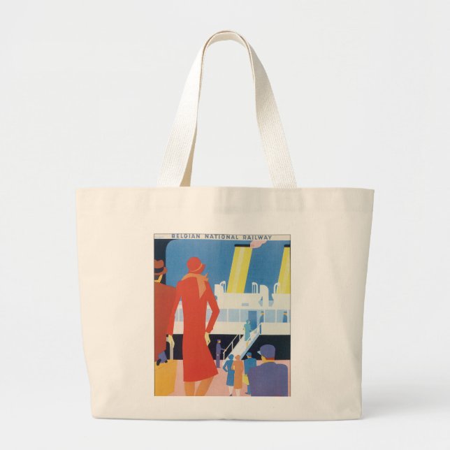 Bolsa Tote Grande Art Deco Belgium Ferry Poster (Frente)