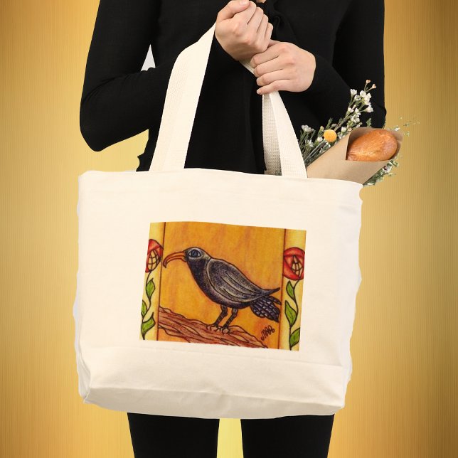 Bolsa Tote Grande Art Deco Crow e Rosa Bag (Black Crow on Branch bordered with Red abstract flowers on stems golden background on tote bag.)