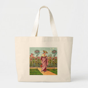 Bolsa Tote Grande Arte Antigo Jardim Crescer Flor Mulher