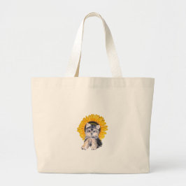 Bolsa Tote Grande Arte de cachorro Yorkshire fofo e girassol