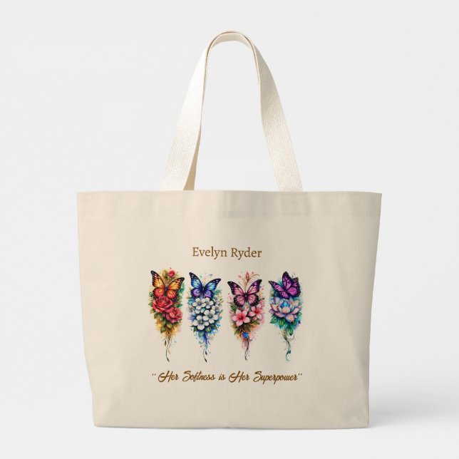 Bolsa Tote Grande Arte Floral de Borboleta de Empoderamento Feminino (Verso)