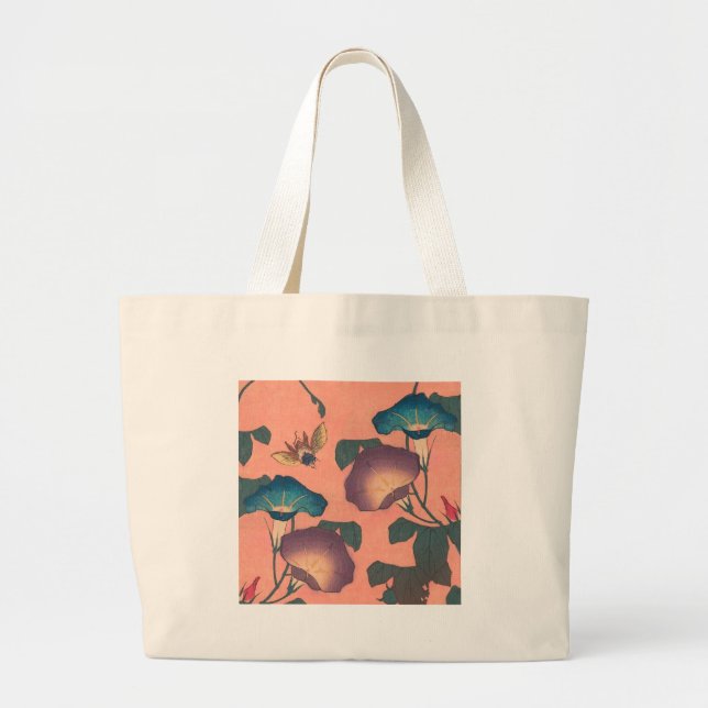 Bolsa Tote Grande Arte Japonês Asiático de Abelha e Flor (Frente)