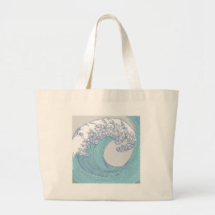 Bolsa Tote Grande Arte Oceânica Onda Surf Japonês