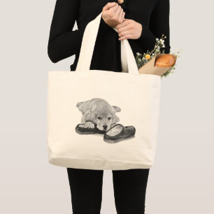 Bolsa Tote Grande Arte preto e branco bonito do cão de filhote de