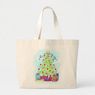 Bolsa Tote Grande Árvore de Natal e Apresenta Turquesa de Arte Origi