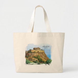 Bolsa Tote Grande Atenas Grécia Aquarela Vistas Históricas