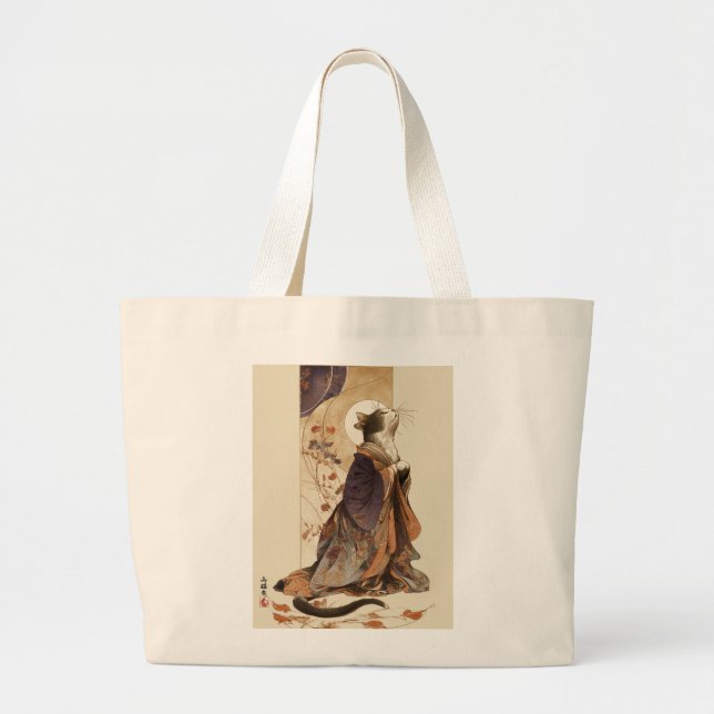 Bolsa Tote Grande "Autumn Reverie" Japanese Cat in Kimono Art (Frente)
