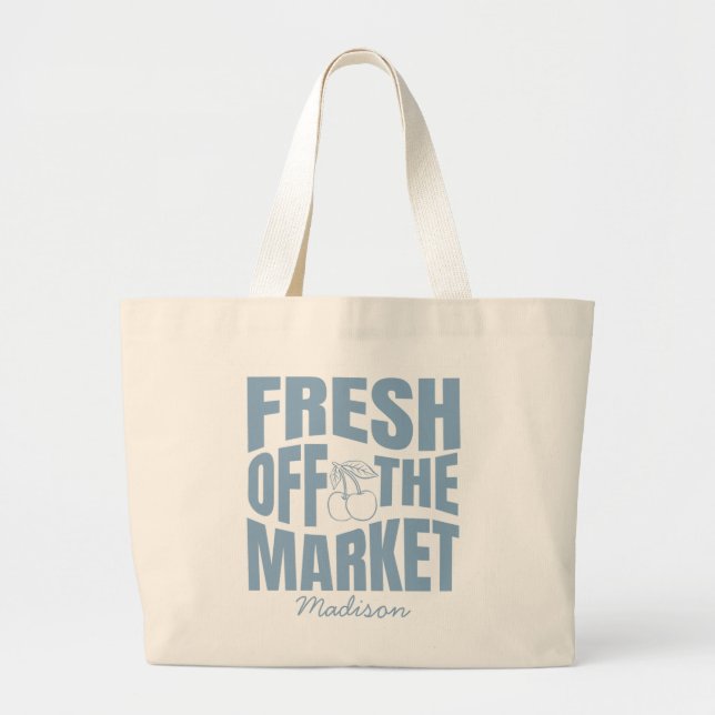 Bolsa Tote Grande Azul Caprichoso Desenhado à Mão Fresco do Mercado (Frente)