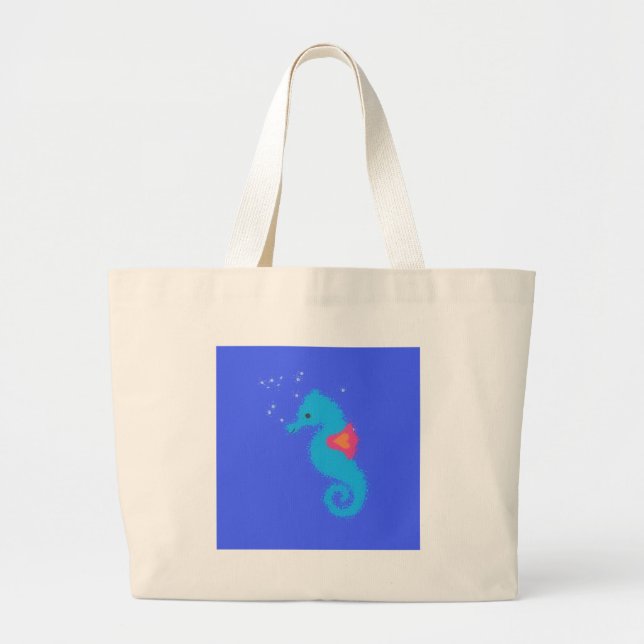 Bolsa Tote Grande Azul-Cartoon Seacavalo (Frente)