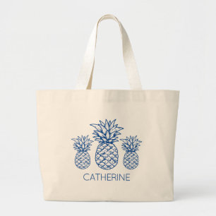 Bolsa Tote Grande Azul Marinho Préppy Abacaxi Tropical Personalizado