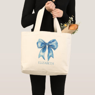 Bolsa Tote Grande Azul Préppy e Laço Branco Personalizado