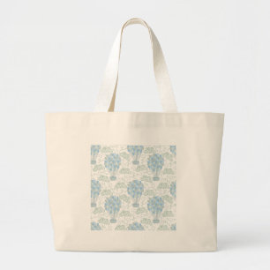 Bolsa Tote Grande Balões de ar quente, berçários azuis, arte de deco