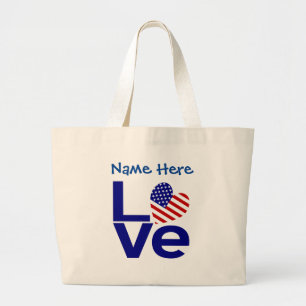 Bolsa Tote Grande Bandeira de Amor dos EUA em Azul Personalizada