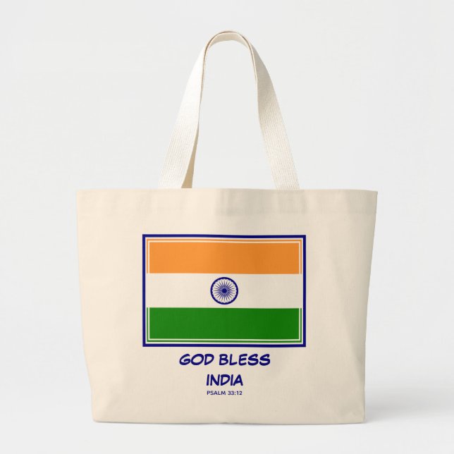 Bolsa Tote Grande Bandeira Patriótica Indiana da ÍNDIA deus abençoe (Frente)