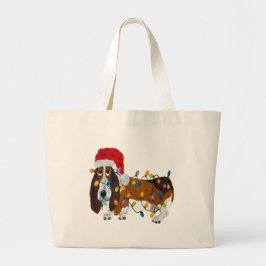 Bolsa Tote Grande Basset Enroscado Em Luzes De Natal