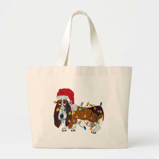 Bolsa Tote Grande Basset Tangled em luzes de Natal (Frente)