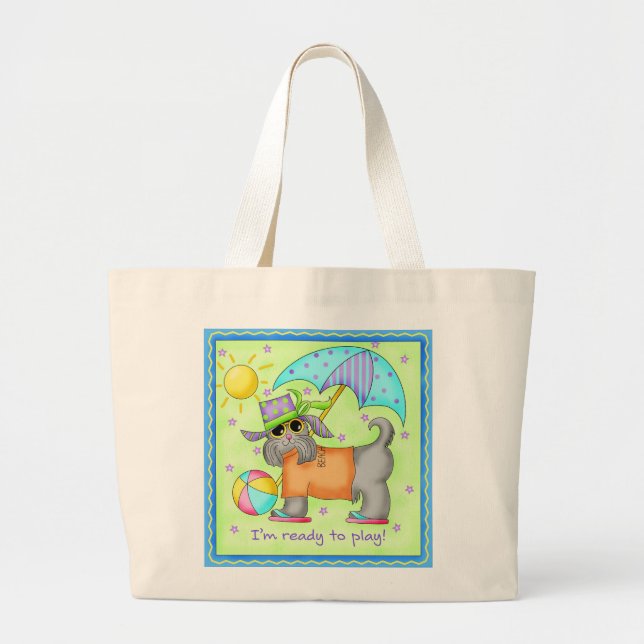 Bolsa Tote Grande Beach Dog Whimsy Art Green Blue (Frente)