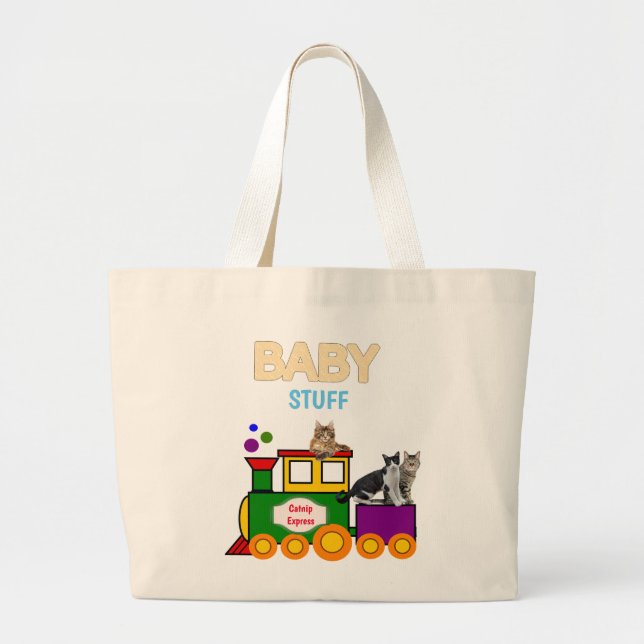 Bolsa Tote Grande Bebês com Trem Choo-Choo e Gatos Tote Bag (Frente)