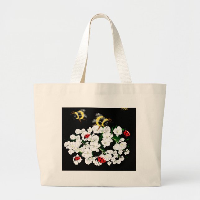 Bolsa Tote Grande Bebês-frade e flores brancas em preto (Frente)