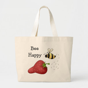 Bolsa Tote Grande Bee Happy Strawberry Impressão Art