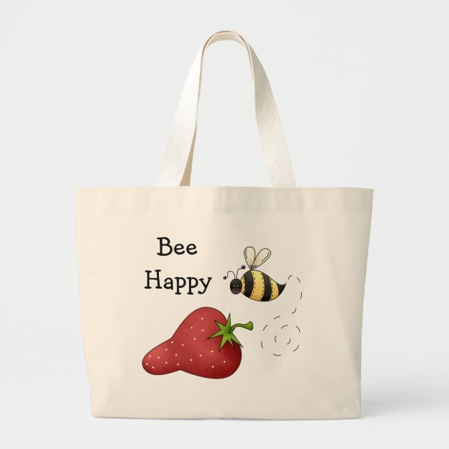 Bolsa Tote Grande Bee Happy Strawberry Impressão Art (Frente)