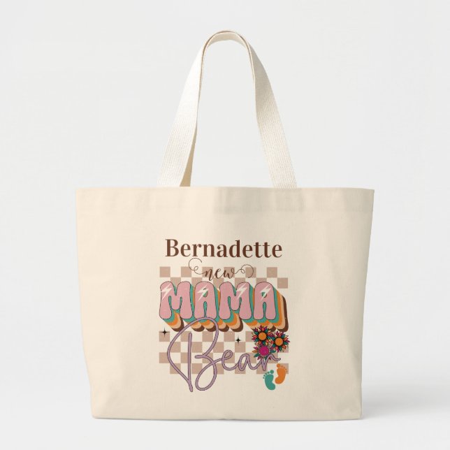 Bolsa Tote Grande Belo Retrô Nova Mãe Para Ser Presente Com Nome Mon (Frente)