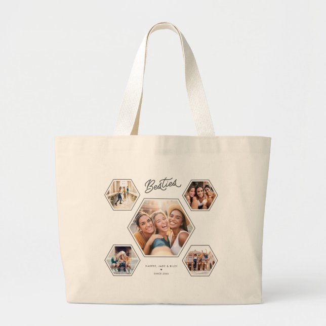 Bolsa Tote Grande Besties 5 Photo Custom Collage Script Best Friends (Frente)