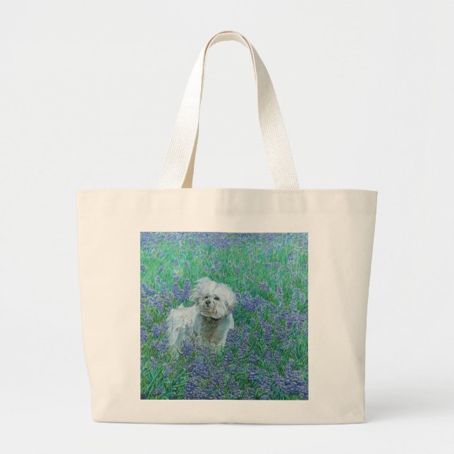 Bolsa Tote Grande Bichon Frise em Bluebonnets (Frente)