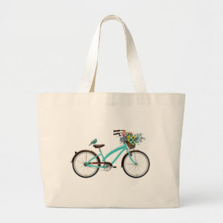 Bolsa Tote Grande Bicicleta Com Cesto de Pássaro e Flor Azul Turques