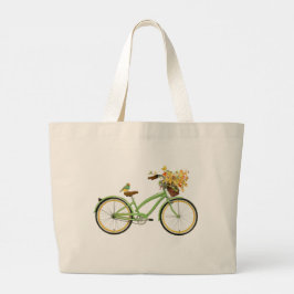 Bolsa Tote Grande Bicicleta Com Cesto de Pássaro e Flor Verde Amarel